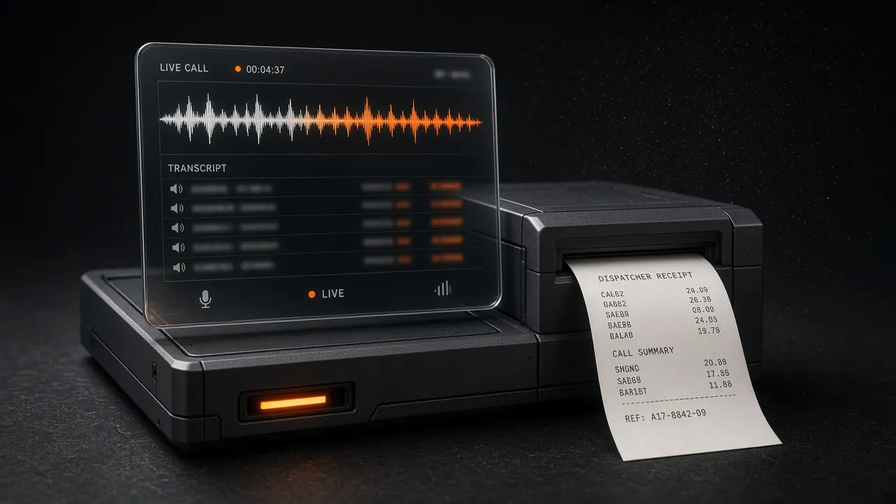 FieldRelay live call console with waveform, transcript, and a dispatcher receipt