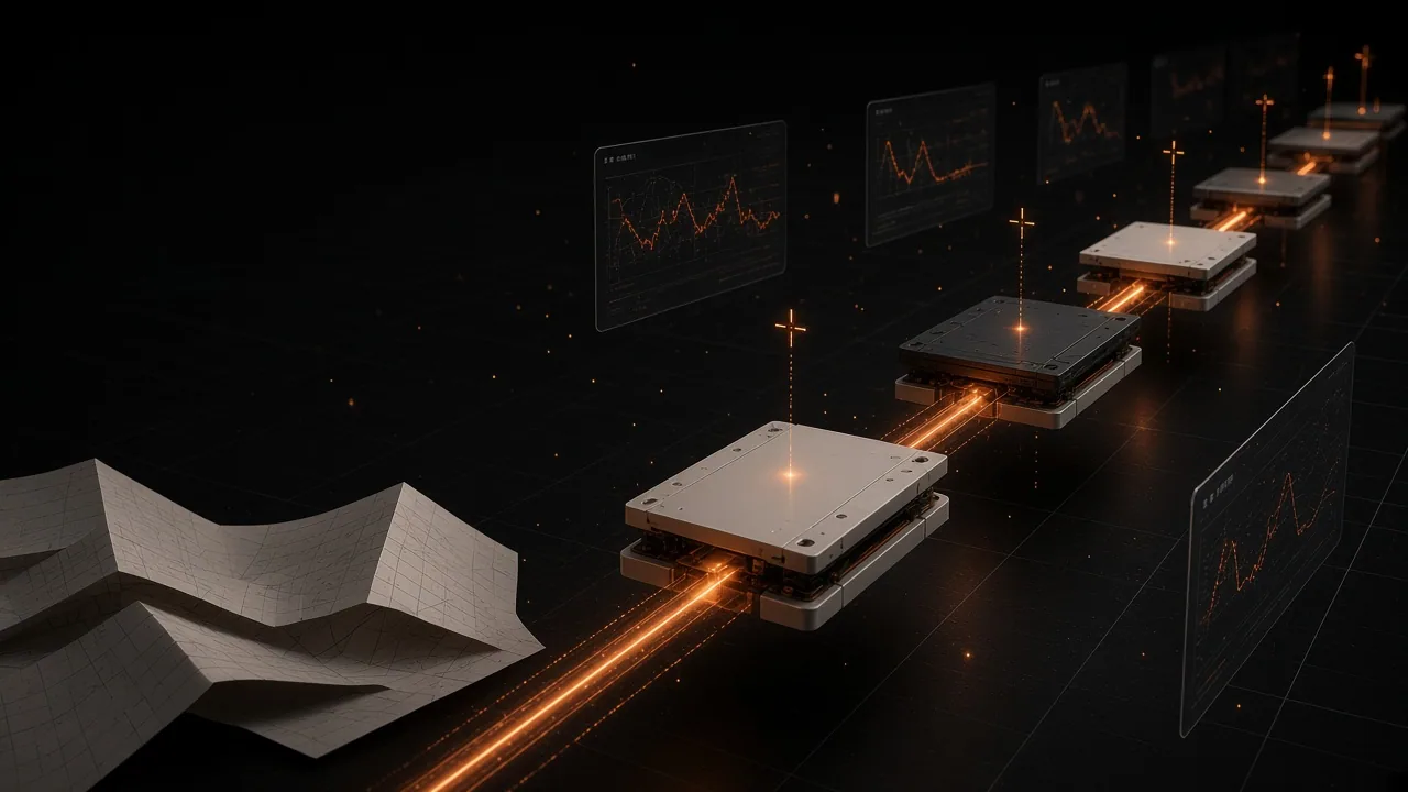Three-dimensional AI workflow hall with an orange production rail connecting five stations and floating telemetry panels