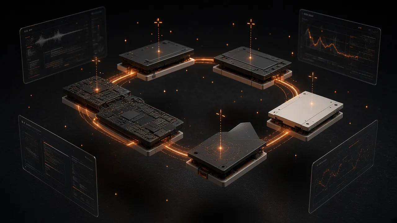 Three-dimensional workflow loop of metal plates, tools, and a human handoff node on a dark workbench