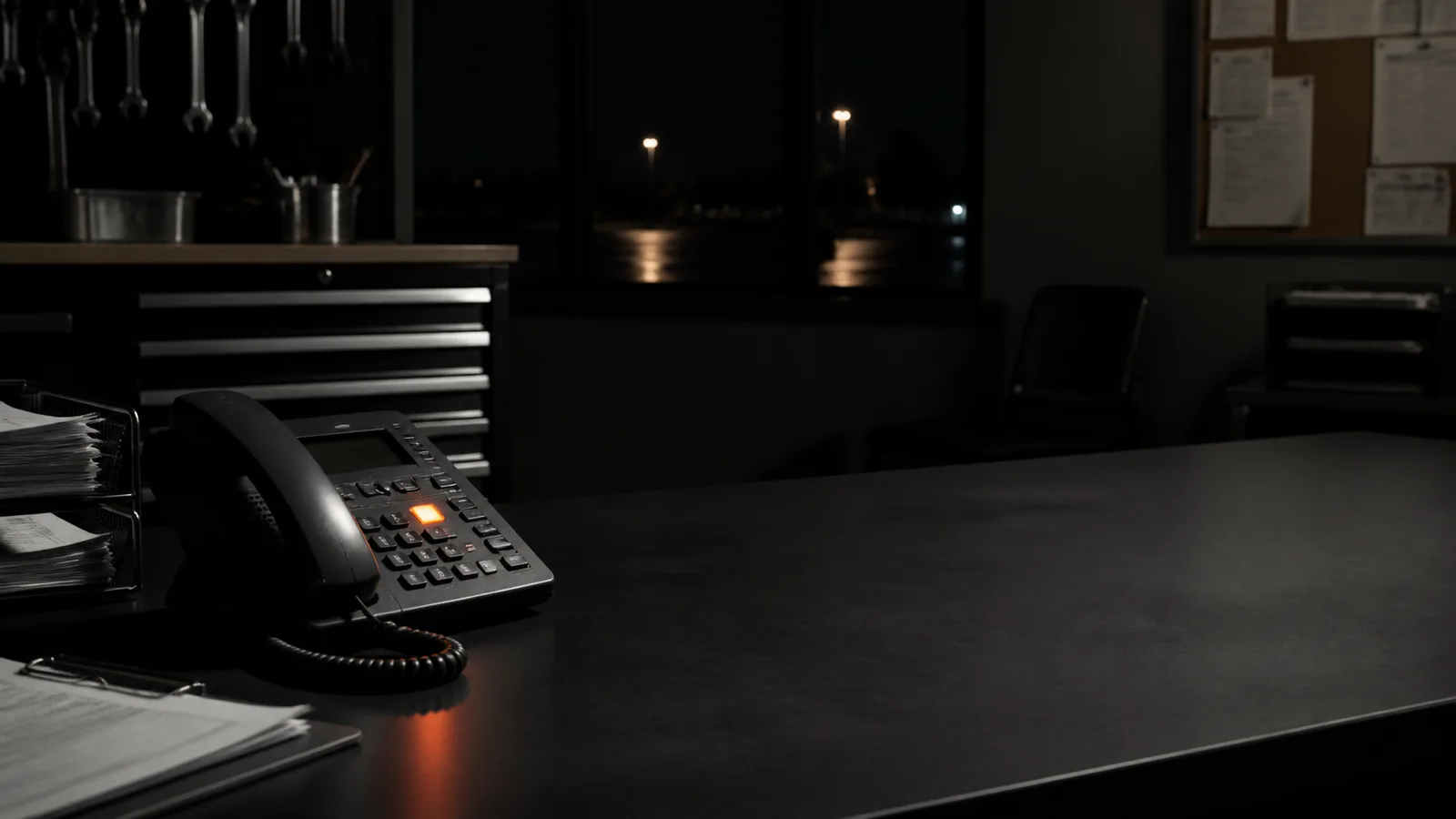 Quiet after-hours dispatch desk with an unanswered service phone